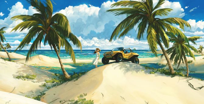 Girl at beach, palms in desert, artwork wallpaper