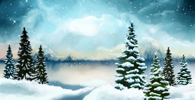 Winter, pine trees, lake, digital art wallpaper