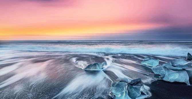 Sunset, seashore, beach, nature, icebergs wallpaper