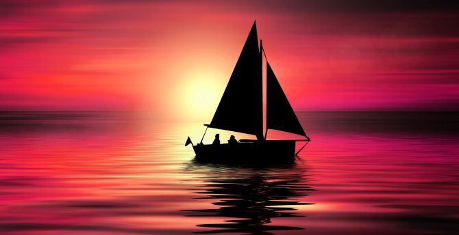Artwork, sailboat, sunset, silhouette wallpaper