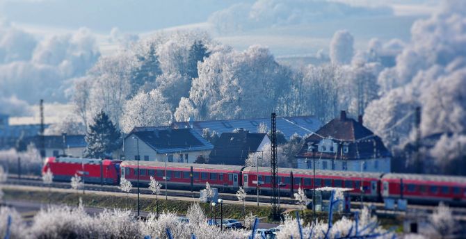 Train, winter, snowfrost, houses, town wallpaper