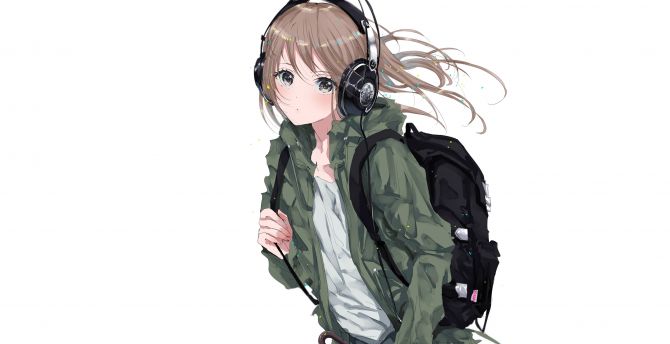 Original, anime girl, bag, headphone, walk wallpaper
