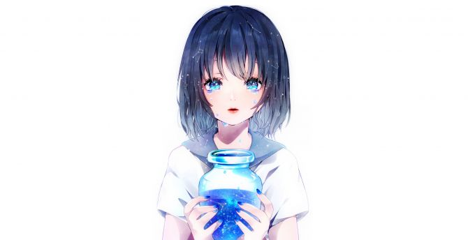 Cute, anime girl with jar, blue liquid, original wallpaper