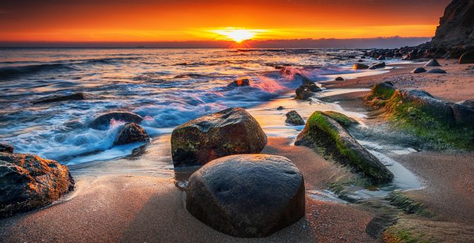 Coast, rocks, sunset, sea, sea waves wallpaper