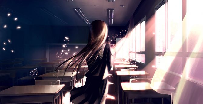 Wallpaper classroom, anime girl, school uniform, long hair, original  desktop wallpaper, hd image, picture, background, 643b5d | wallpapersmug