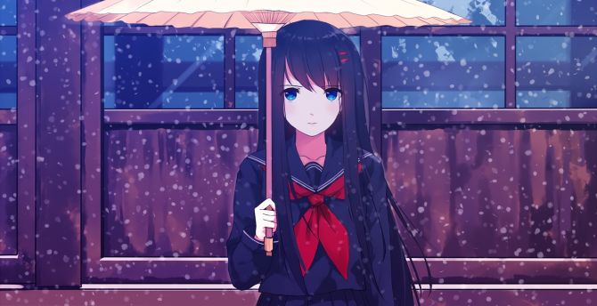 Umbrella, blue eyes, anime girl, winter wallpaper