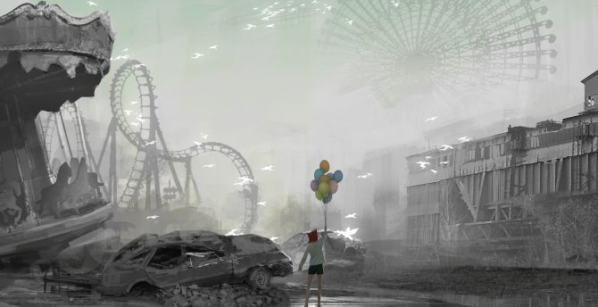Park, post, apocalyptic, anime, art wallpaper