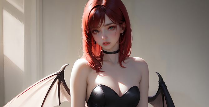 Bat wings, beautiful girl, redhead, art wallpaper