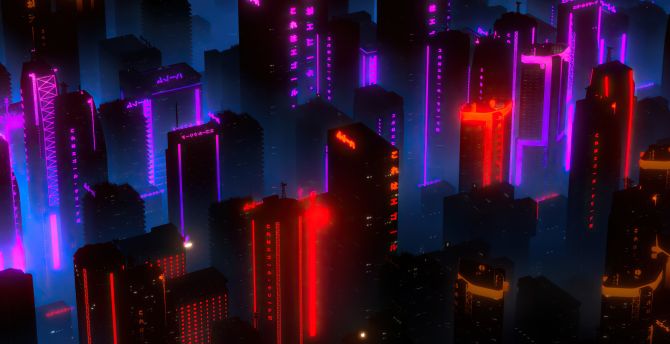 Neon lights, cityscape, buildings, aerial view wallpaper