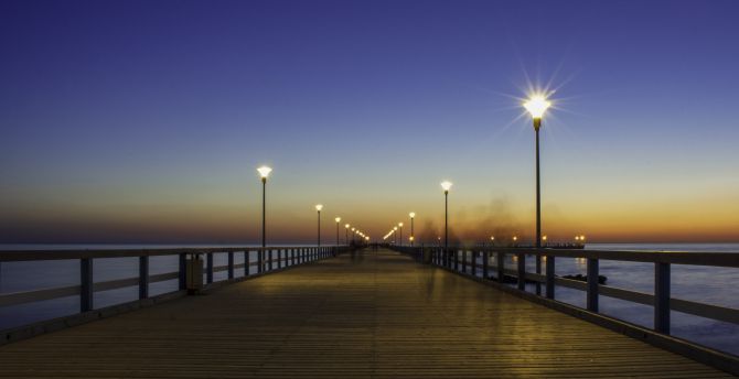 Bridge, pier, wooden, night out, sunset wallpaper