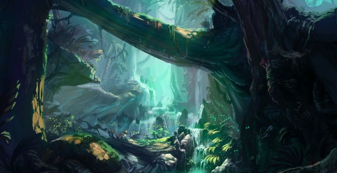 Fantasy, ancient forest, Monster Hunters' World, art wallpaper