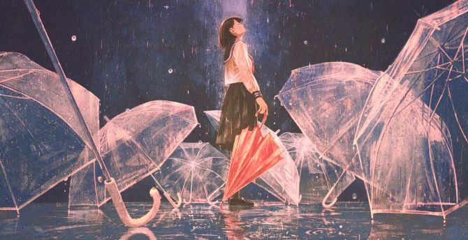 Relaxed, anime girl, umbrella wallpaper