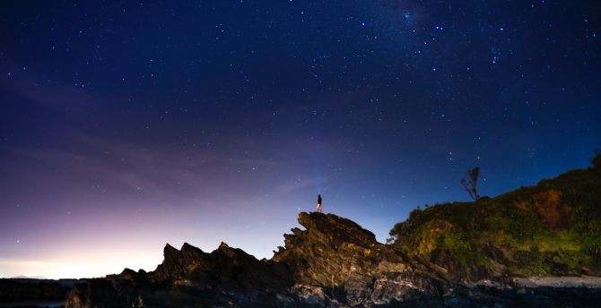 Coast, man, starry and clean sky wallpaper