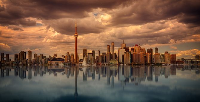 City, buildings, cityscape, reflections, clouds wallpaper
