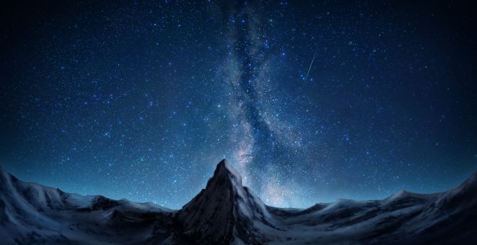 Mountain and starry galaxy, art wallpaper