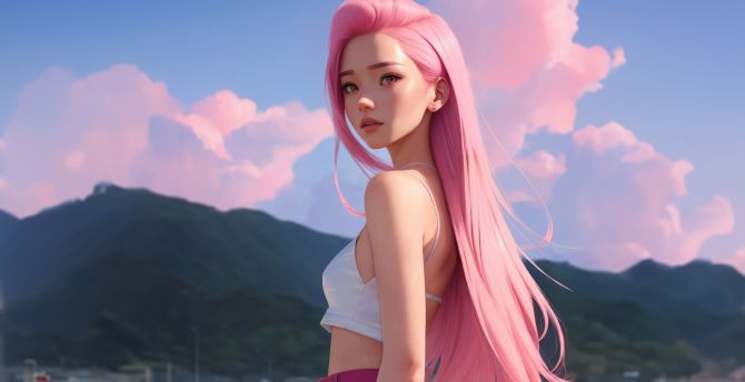Pink hair anime girl, beautiful and cute, art wallpaper