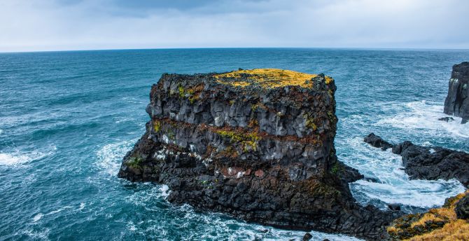 Rock, cliff, coast, blue sea, Iceland wallpaper