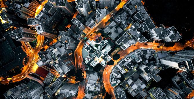Night, aerial view, yellow lights of road, city wallpaper