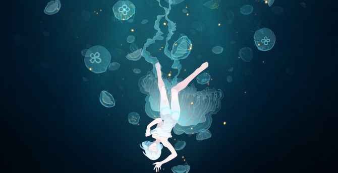 Underwater, dive, anime girl, jellyfish wallpaper