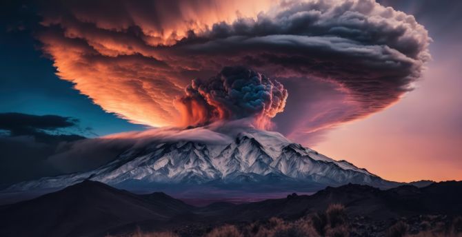 Volcanic eruption, umbrella of clouds, nature wallpaper