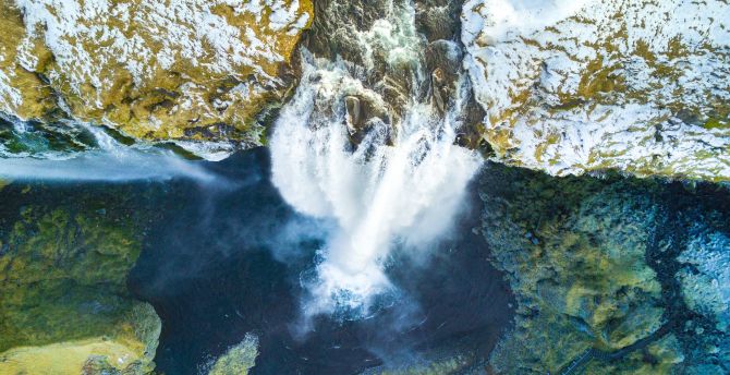 Skogafoss, waterfall, aerial view, Iceland, nature wallpaper