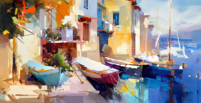 Coastal houses and boats, beautiful art wallpaper