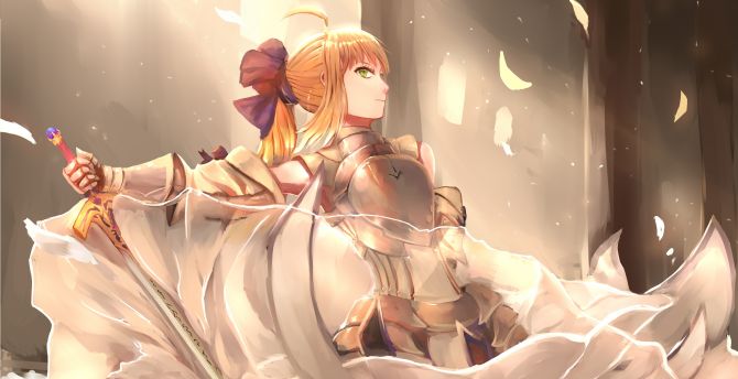 White armour, anime girl, Saber wallpaper