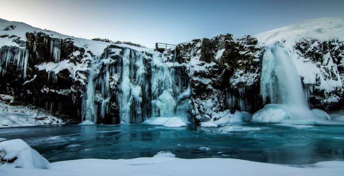 Winter, freezing lake, waterfall, nature wallpaper