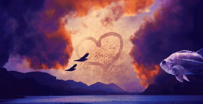 Surreal, heart in the sky, sunset, dream, fantasy wallpaper