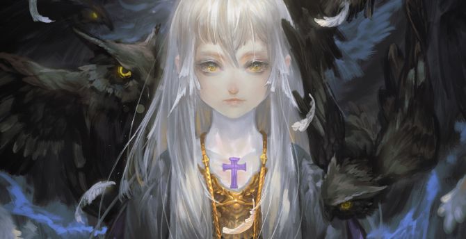 Fantasy, anime girl and birds, owl, art wallpaper