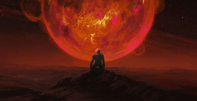Red glowing planet, astronaut wallpaper