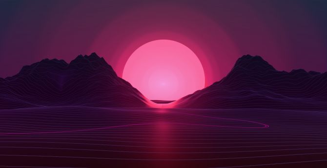 Sunset, mountains, neon pink, abstract wallpaper
