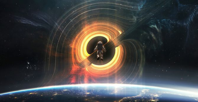 Refraction of black hole, astronaut, art wallpaper