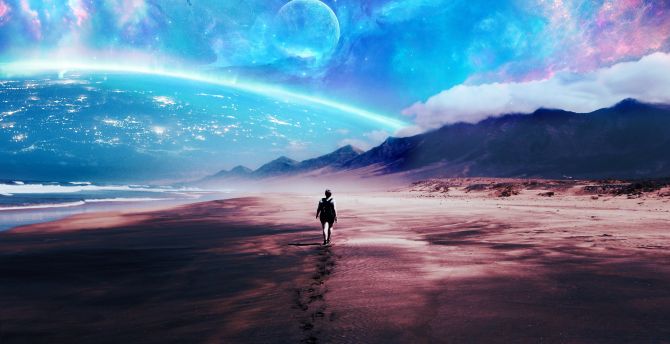 Fantasy, beach, walk alone, sci-fi artwork wallpaper