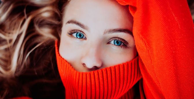 Red sweater, woman, beautiful, blue eyes wallpaper