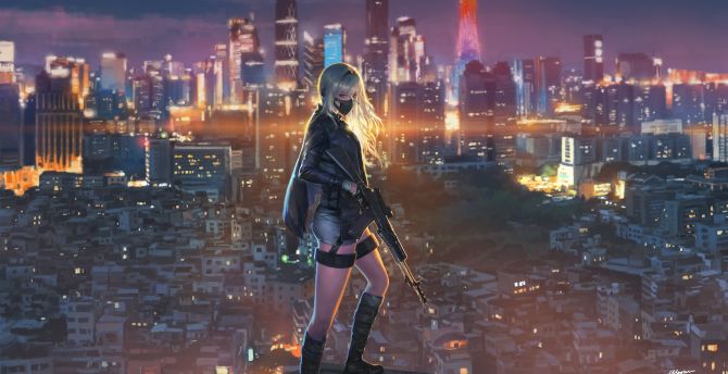 Sniper girl, cityscape, anime girl, art wallpaper