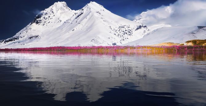 Mountains, winter, landscape, lake, reflections, nature wallpaper
