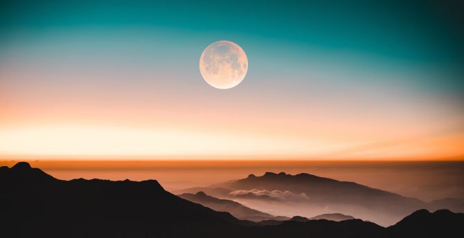 Adams Peak, mountains, moon, horizon, landscape, sunset, evening wallpaper