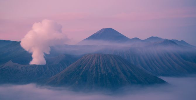 Mountains, volcano, smoke, nature wallpaper