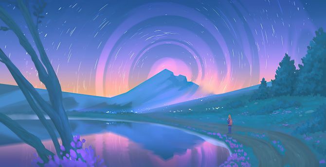 Desktop wallpaper motions starry sky, lake, night out, art
