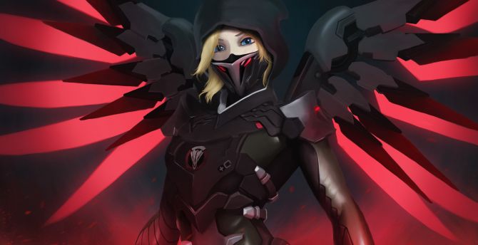 Mercy, overwatch, mask, red wings wallpaper