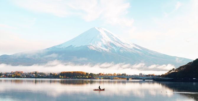 Mount Fuji, blue, bright day, lake wallpaper