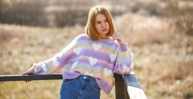 Short hair girl, colorful sweater, outdoor wallpaper