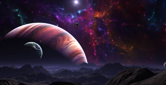 Clouds, fantasy, space, landscape, colorful space, planets wallpaper