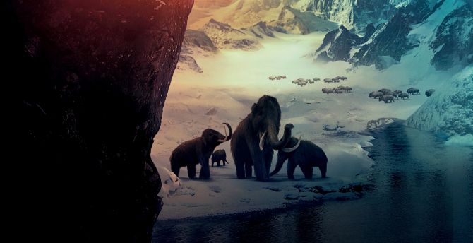 Mammoths, big Elephants, Ice Age, snow mountains, fantasy wallpaper