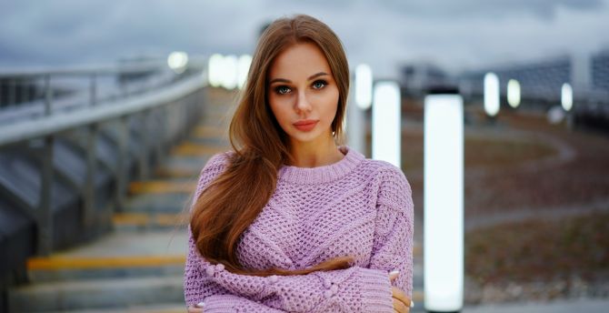 Girl, red head, gorgeous, pink sweater, outdoors wallpaper