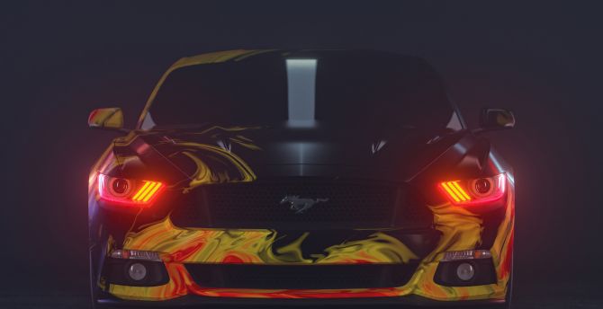 Yellow Ford Mustang, red headlight, sport car wallpaper