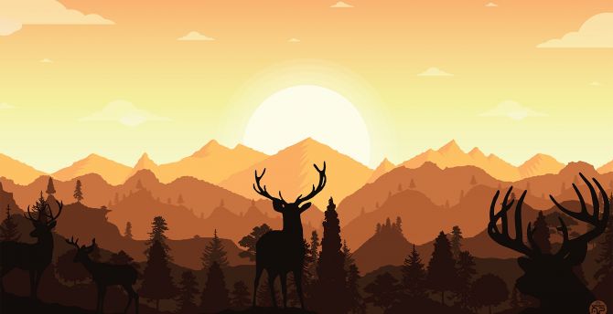 Sunset, horns, deer, silhouette wallpaper