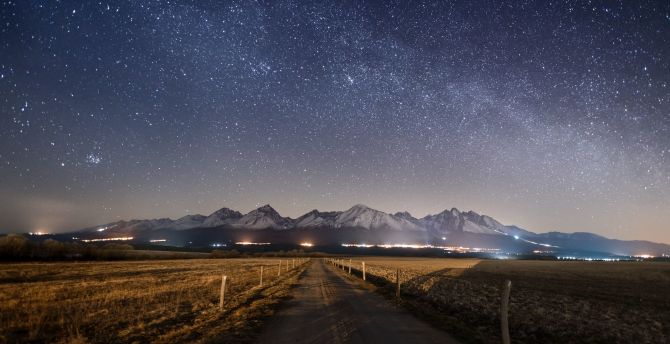 Landscape, mountains, road, starry night wallpaper
