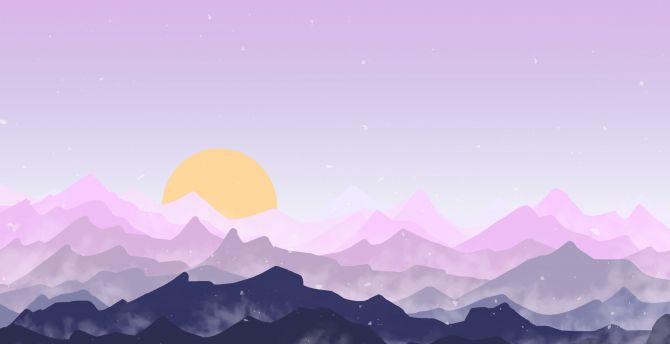 Sun, mountains, pink sky, digital art wallpaper